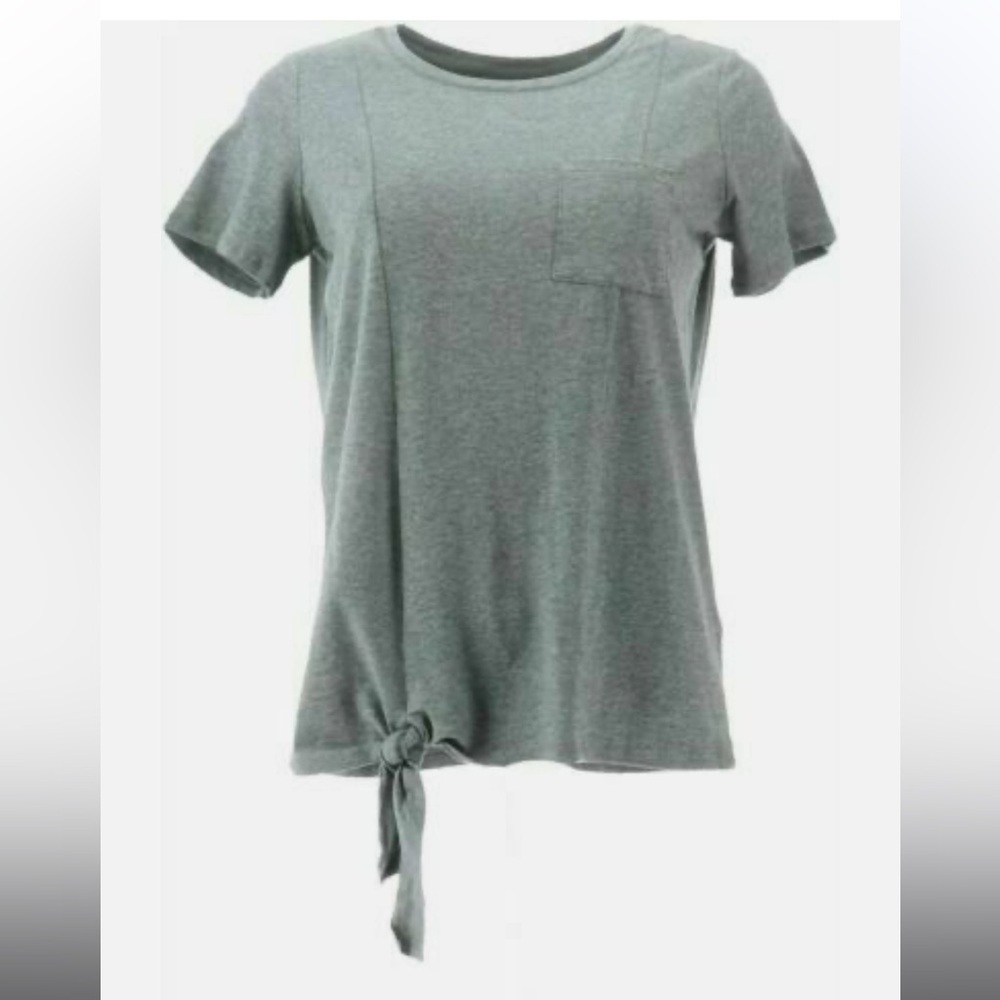 AnyBody Cozy Knit Side Tie T-Shirt with Pocket-A353777-NEW Charcoal XS
